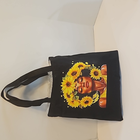 Hand Crafred Reusable Tote Bag Sunflower Motif Black Canvas Bag Multicolored 13" - Picture 13 of 17